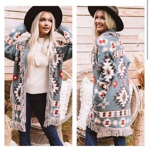 JODIFL Cardigan Aztec print with fringe. Small.